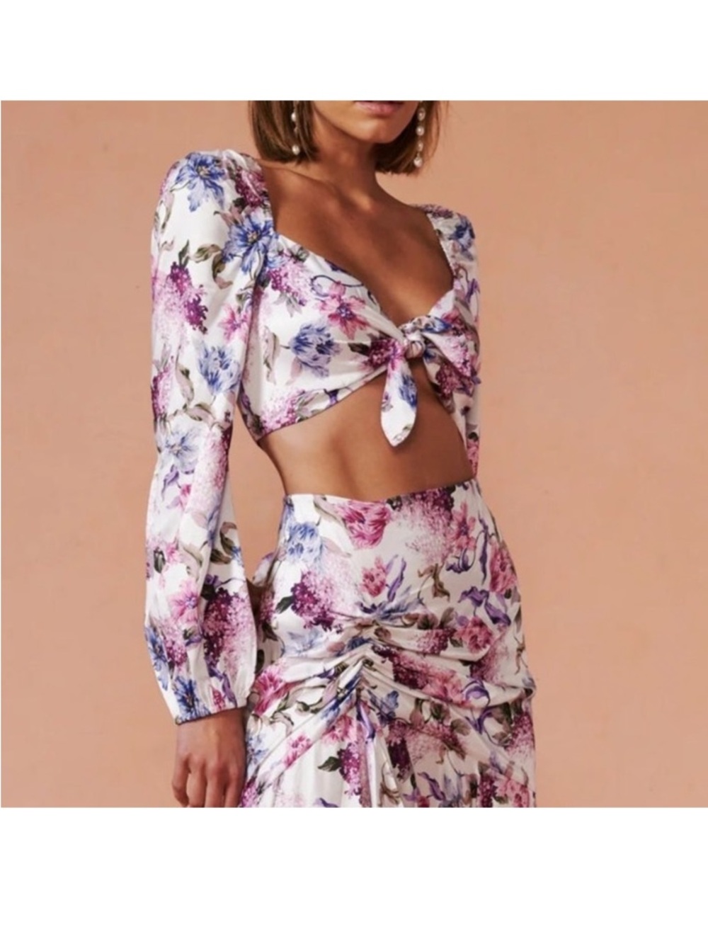 Floral Tie-Front Crop Top - White with Pink & Purple Blooms